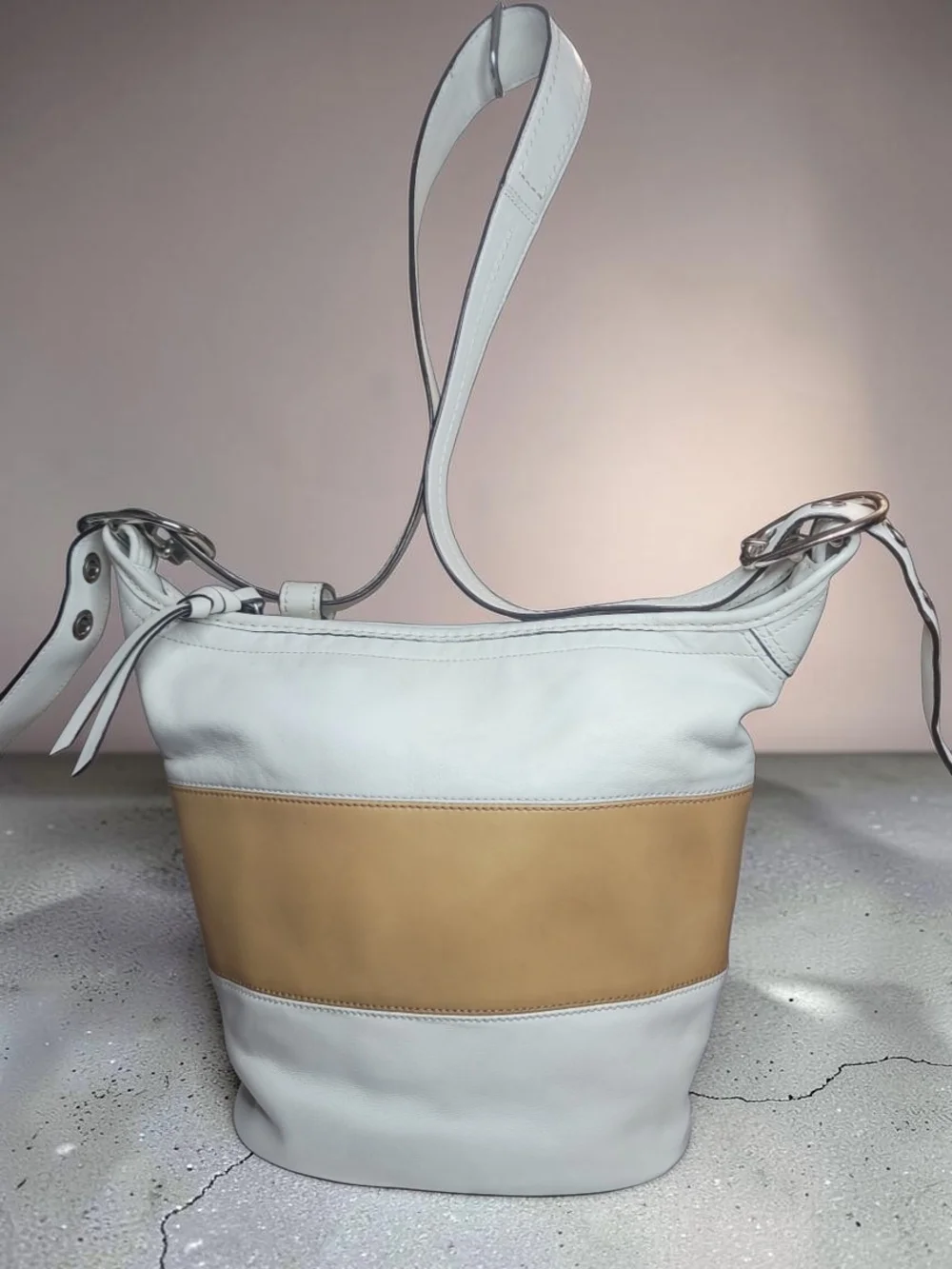 Coach Bleecker Rugby Stripe Leather Duffle Bucket Bag Good Condition